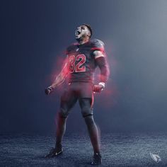 a football player with his mouth open in front of an image of the team's uniform