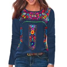 PRICES MAY VARY. Made from premium fabric, this long sleeve embroidered peasant blouse for women is very soft and breathable, the lining is so friendly to your skin, super cozy to touch and extremely comfortable to wear for whole day. Featuring long sleeve, v neck and crewneck style to choose, floral embroidery, casual sloose fit silhouette, this long sleeve floral embroidered mexican shirts for women is so fashionable, the embroidered flower on the top is so delicate and very eye-catching. This Mexican Clothes, Mexican Clothing, Disney Coco, Vacation Shopping, Stunning Tops, Fashion Sweaters, Bohemian Tops, Bohemian Print, Styl Boho