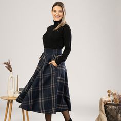 Step into elegance with our High Waist Midi Skirt, crafted from cool wool for a luxurious feel. This midi-length masterpiece, adorned in a classic plaid pattern, seamlessly combines sophistication and comfort. Complete with convenient pockets, this skirt is the epitome of modern style, ensuring you stand out with every step.  Enjoy the effortless fit and the feminine sense when wearing our creations! Every piece by NikkaPlace is made with lots of love and attention to detail! Cool Wool Machine W Winter Midi Skirt Outfit, Winter Midi Skirt, Midi Skirt Winter, High Waist Midi Skirt, Midi Skirt Outfit, Tartan Skirt, Skirts Midi High Waisted, Effortless Chic, Christmas Pictures