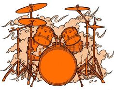 a drawing of a drum set on top of a white background with orange and black ink