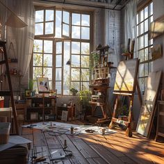 an artist's studio with large windows and lots of art supplies on the floor