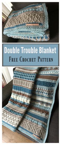 two crocheted blankets with text that reads double trouble blanket free crochet pattern