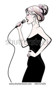 a woman singing into a microphone with her hair in a bun and wearing a black dress