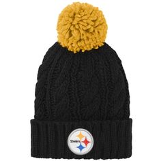 Help your kiddo keep their head warm and demonstrate their love for the Pittsburgh Steelers with this Cable cuffed knit hat with pom. This fun knit hat features a classic woven knit design and an embroidered team graphic on the cuff. The pom on top comes in the team's secondary color, meaning everyone will see your youngster is a Pittsburgh Steelers supporter through and through.Help your kiddo keep their head warm and demonstrate their love for the Pittsburgh Steelers with this Cable cuffed kni Steelers Outfit, Pittsburgh Steelers Hats, Steelers Gear, Steelers Girl, Shield Design, Girls Black, Kids Hats, Cozy Knits, Pittsburgh Steelers