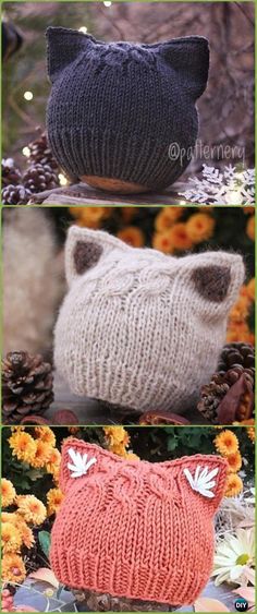 three knitted hats with cat ears and leaves on them, one in grey and one in orange