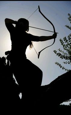 the silhouette of a woman holding a bow and arrow in her hand, while sitting on top of a tree