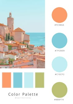 the color palette is different shades of blue, orange and green with buildings on each side