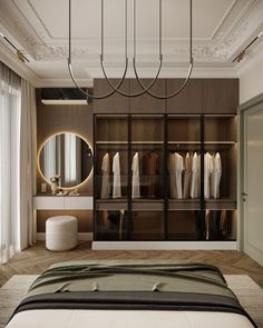 a bedroom with a bed, closet and dressing table in it's center area