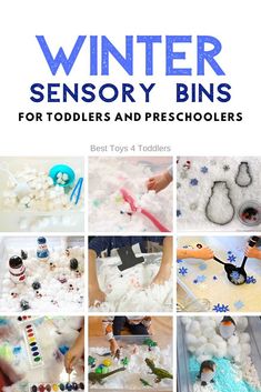 the cover of winter sensory bins for toddlers and preschoolers with pictures of toys