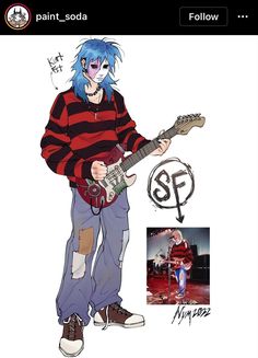 a drawing of a person with blue hair playing a guitar and holding an electric guitar