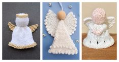 crocheted angel ornaments are shown in three different styles and sizes, including one with an ornament