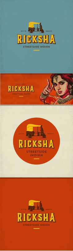 four different logos for ricksha, ricksha and ricksha are shown in three colors