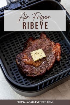 A cooked ribeye in an air fryer basket with butter and salt and pepper on top. Air Fryer Ribeye Steak Medium, Air Fryer Ribeye Steak, Air Fryer Ribeye