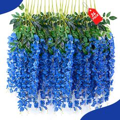 blue flowers are hanging from the ceiling