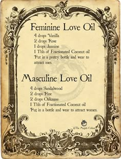 Attraction Perfume Spell, Feminine Love Oil, Love Perfume Witchcraft, Lilith Essential Oils, Herbal Potions Recipes, Witch Perfume Recipes, Beauty Potions Witchcraft, Come To Me Oil Recipe Hoodoo, Attraction Oil Recipe Witchcraft