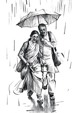 a man and woman walking in the rain under an umbrella, vintage line drawing or engraving illustration