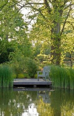 a wooden dock sitting in the middle of a lake surrounded by tall green grass and trees