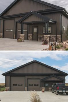 before and after photos of a house in the middle of an empty lot with a truck parked outside