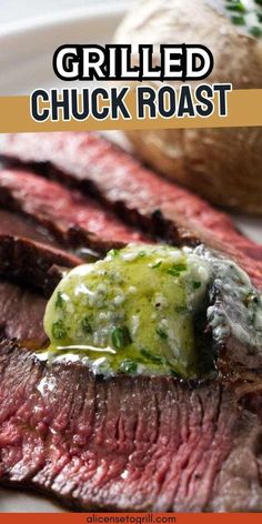 grilled chuck roast on a plate with green sauce