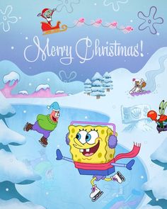 spongebob merry christmas card with cartoon characters skating on the ice and snow covered ground