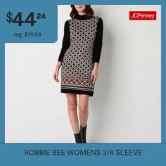 This Robbie Bee women's sweater dress has a unique geometric patterned body with contrasting trims that will make an elevated style statement at the office or evening drinks. This short dress features a mock neckline and 3/4 sleeves - wear it with boots and your favorite jewelry. Closure Type: Pullover HeadNeckline: Mock NeckSleeve Length: 3/4 SleeveSleeve Style: Fitted SleeveApparel Length: 47 InchesDress Length: Midi LengthFiber Content: 78% Rayon, 22% PolyesterFabric Description: KnitCare: D… Sweater Dress Brown, Midi Sweater Dress, Dress Sweater, Sweater Dresses, Sweater Dress Women, Sweater Dress Midi, Mock Neckline, Small Dress, Contrast Trim