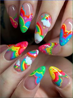 Cute Aesthetic Nail Designs, My Little Pony Theme Nails, One Finger Nail Art, Clowncore Nails, Nostalgia Nails, Loud Nails, Bright Fun Nails, Decora Nails, Kidcore Nails