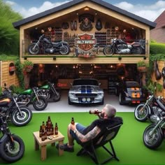 a man sitting in a lawn chair next to a car and motorcycle garage filled with motorcycles