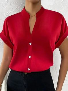 Save with code: “SAVEPIN50” - Dress to impress outfit ideas, from casual and business casual to trendy and occasion-specific styles, including spring, summer, concert, and graduation outfits, along with accessories like shoes and piercings Elegant Standing Collar Women's Short Sleeve Blouse Upgrade your wardrobe with this exquisite Elegant Standing Collar Women's Short Sleeve Blouse. Designed to elevate your style effortlessly, this blouse is a must-have for the fashion-forward woman. Key Features: Elegance Redefined: The standing collar adds a touch of sophistication to your look. Comfort Meets Style: Short sleeves provide comfort without compromising on style. Versatile Wardrobe Staple: Perfect for both casual outings and formal events, making it a versatile piece. Premium Quality: Craft Red Short Sleeve Blouse For Office, Elegant Red Short Sleeve Blouse, Classic Semi-formal Short Sleeve Blouse, Elegant Button-up Blouse With Pleated Sleeves, Military Style Short Sleeve Top With Button Closure, Plain Blouse, Professional Wardrobe, Stylish Blouse, Collars For Women