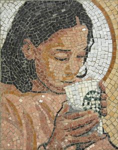 a mosaic depicting a woman holding a cell phone and looking at the screen with her eyes closed