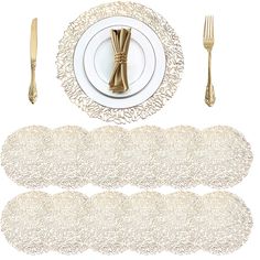 PRICES MAY VARY. Include 12 pack gold round vinyl placemats, made of high quality PVC, well made, very durable. Easy clean with a damp cloth, dry very quickly, then look perfectly new again. Effective heat resistance is up to 150°F, please do not use it exceed the temperature. The diameter measures 15'', fits most dishes size, suitable for daily use, making your home a warmer and restful atmosphere Hollowed-out blossom design placemat gives your dinner table a special touch, ideal for kitchen ta Gold Christmas Wedding, Gold Wedding Accents, Gold Charger Plate, Christmas Dining Table Decor, Vinyl Placemats, Gold Napkin Rings, Green Table Runner, Black Tablecloth, Gold Chargers