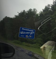 a blue sign that is on the side of a road near some grass and trees