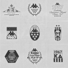 several logos and emblems are shown in black and white