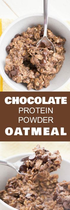 chocolate protein powdered oatmeal in a white bowl with spoons on top