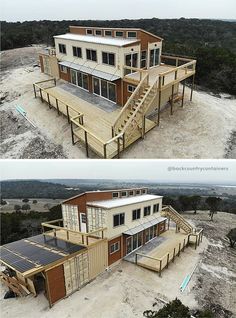 two pictures of a house being built in the middle of an open area with stairs leading up to it