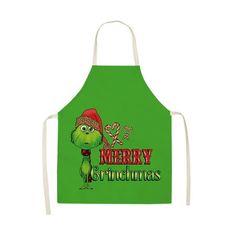 a green apron with the words merry christmas on it and an image of a cartoon character