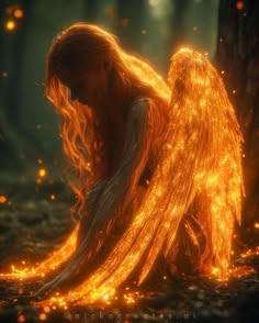 an angel sitting in the middle of a forest with fire coming from her legs and wings