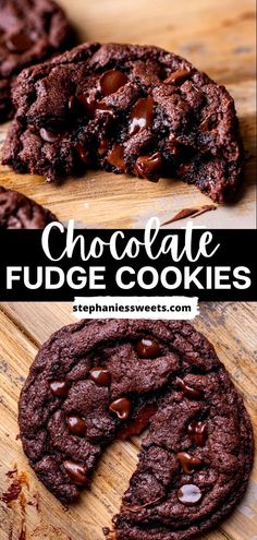 chocolate fudge cookies on a cutting board with one cut in half to show the inside