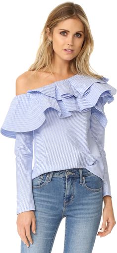 STYLEKEEPERS Ruffle One Shoulder Top One Shoulder Ruffle Top, All Jeans, One Shoulder Top, Flutter Sleeve Top, One Shoulder Tops, Basic Tops, Off Shoulder Tops, Looks Style, Ruffle Top