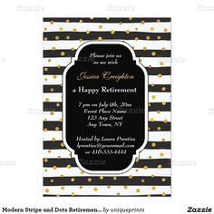 a black and white striped retirement card with gold dots