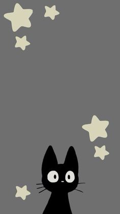 a black cat sitting on top of a floor next to white stars in the sky