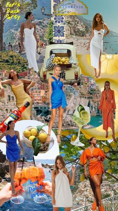 the collage has many different pictures and people on it, including women in dresses