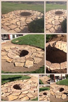 several pictures of an outdoor fire pit in the middle of some grass and rocks,