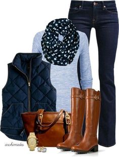 I have arctic white and black puffy vests. Green,lilac and red fleece vests. Need ideas on how to wear them. Need to remember scarfs. Riding Boot Outfits, Outfits Polyvore, Fashion Mode, Boots Outfit, Polyvore Outfits