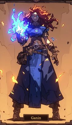 an animated character with long hair holding a blue flame in her right hand and wearing armor