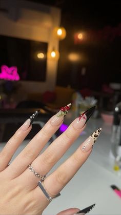 Stilleto Y2k Nails, Stiletto Nails Cheetah, Stiletto Nails Charms, Cheetah Nails Stiletto, Stiletto Cheetah Nails, Cherry Stiletto Nails, Cherry And Cheetah Nails, Cheetah Print Stiletto Nails, Cheetah And Cherry Nails