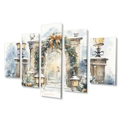 an image of a christmas scene with a gate and lights on the outside, painted in watercolor