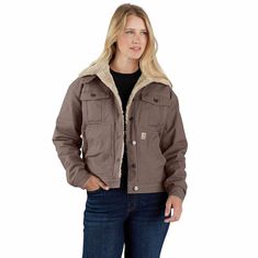 Withstand cold weather in this women's canvas sherpa lined jacket. It's lined with soft sherpa fleece for a warm and comfortable feel. Rugged canvas duck has built-in flex so you can lift and stretch without restriction. A loose fit gives you plenty of room to move. Features8.5-ounce, 98% cotton/2% elastane canvasSherpa liningBuilt to move with Rugged Flex® stretch technologyModifiable mock-neck secured tab collarAdjustable cuffs and hemSecure interior and exterior pocketsBack length: 24.25"Mode Relaxed Fit Outerwear With Fleece Lining For Cold Weather, Carhartt Women Outfits, Carhartt Women's Outfit, Sherpa Lined Jacket, Cold Weather Gear, Carhartt Womens, Carhartt Women, Fall Jackets, Clothing Essentials