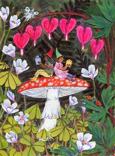 a painting of two people sitting on top of a mushroom in the middle of flowers