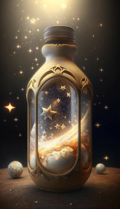 a lantern with stars in the sky and an open one on it's side