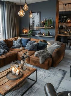 a living room filled with furniture next to a window covered in lots of light bulbs